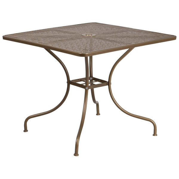 Gold |#| 35.5inch Square Gold Indoor-Outdoor Steel Patio Table Set w/ 4 Square Back Chairs