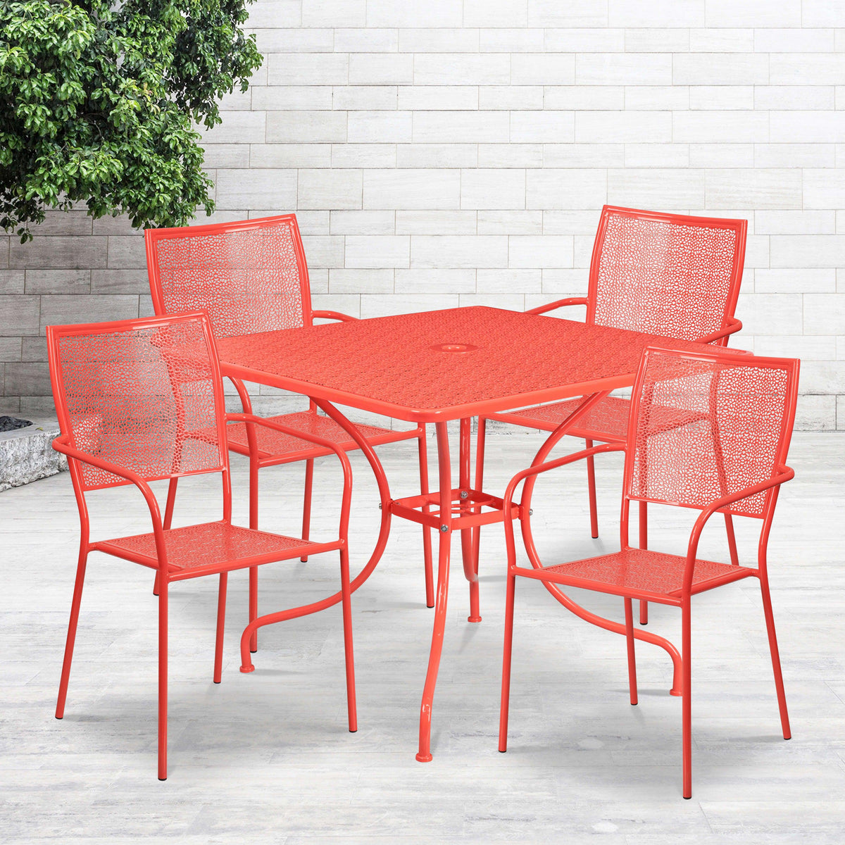 Coral |#| 35.5inch Square Coral Indoor-Outdoor Steel Patio Table Set w/ 4 Square Back Chairs