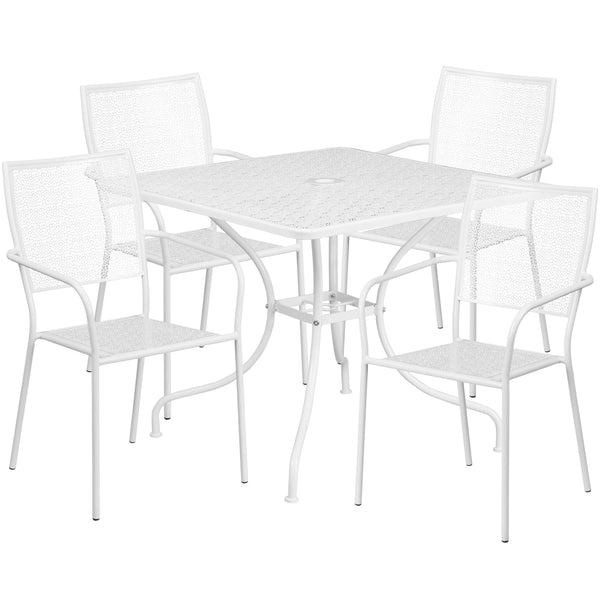 White |#| 35.5inch Square White Indoor-Outdoor Steel Patio Table Set w/ 4 Square Back Chairs