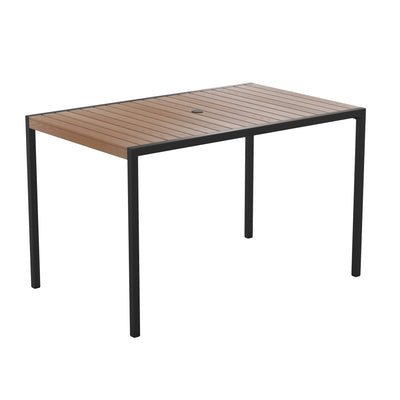 Outdoor Dining Table with Synthetic Teak Poly Slats - Steel Framed Restaurant Table with Umbrella Holder Hole - View 1