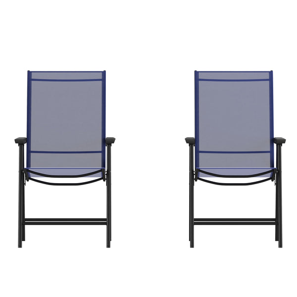 Navy |#| Portable Navy Outdoor Folding Patio Sling Chair with Black Frame - Set of 2