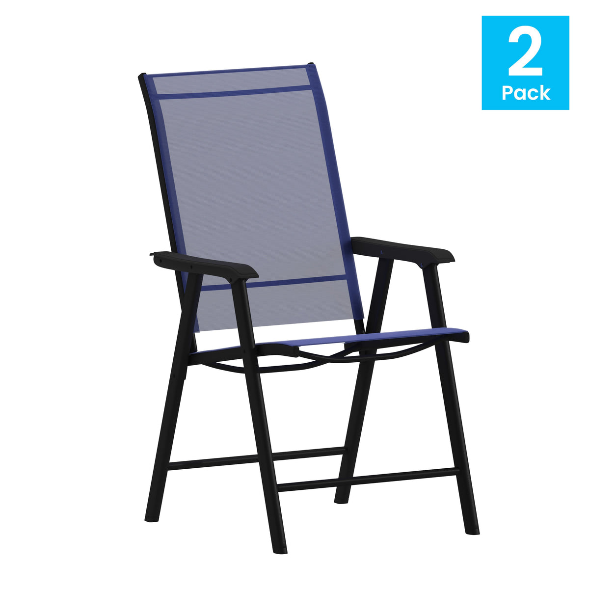 Navy |#| Portable Navy Outdoor Folding Patio Sling Chair with Black Frame - Set of 2