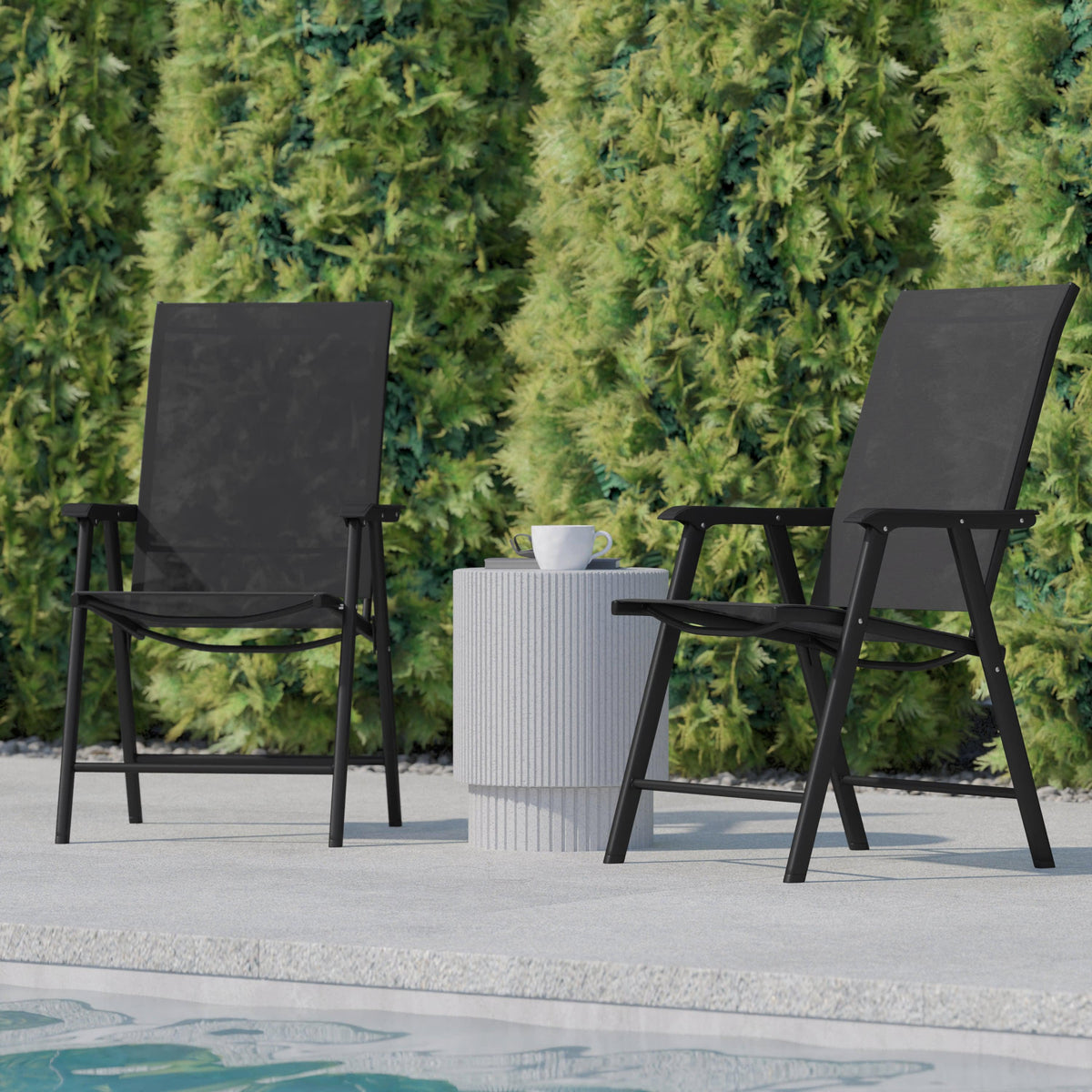 Black |#| Portable Black Outdoor Folding Patio Sling Chair with Black Frame - Set of 2