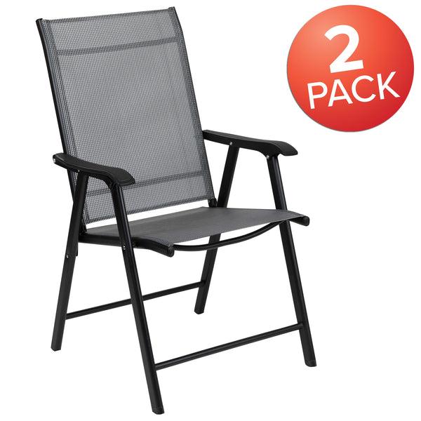 Gray |#| Portable Gray Outdoor Folding Patio Sling Chair with Black Frame - Set of 2