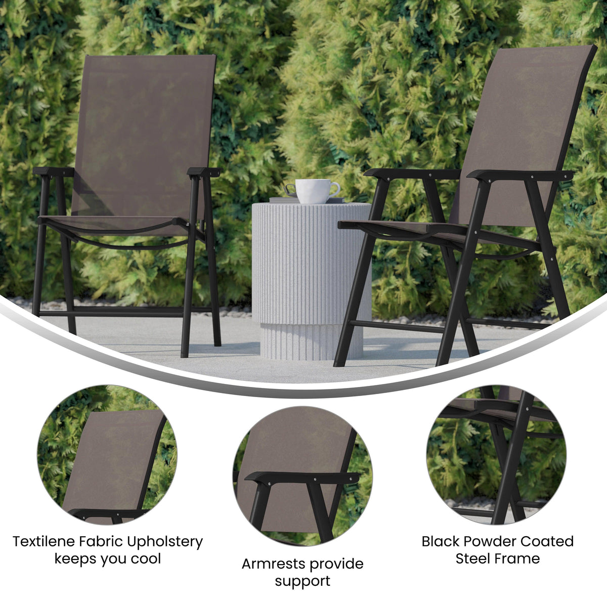 Brown |#| Portable Brown Outdoor Folding Patio Sling Chair with Black Frame - Set of 2