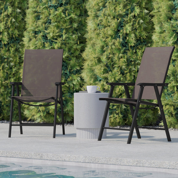 Brown |#| Portable Brown Outdoor Folding Patio Sling Chair with Black Frame - Set of 2