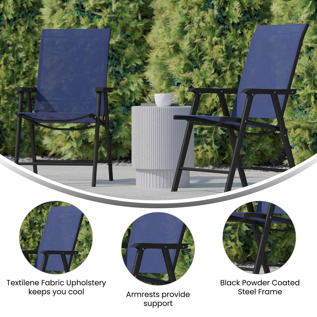 Navy |#| Portable Navy Outdoor Folding Patio Sling Chair with Black Frame - Set of 2