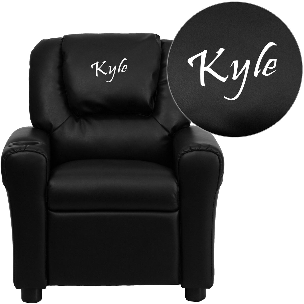 Black LeatherSoft |#| Personalized Black LeatherSoft Kids Recliner with Cup Holder and Headrest