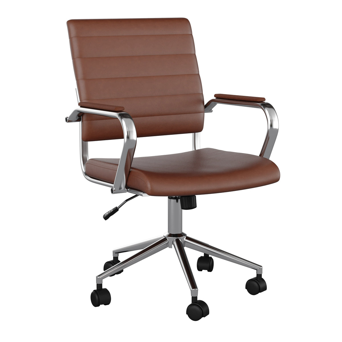 Saddle Brown Faux Leather/Polished Nickel |#| Ribbed Faux Leather Swivel Home Office Chair with Armrests-Brown/Polished Nickel