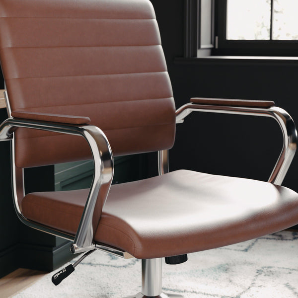 Saddle Brown Faux Leather/Polished Nickel |#| Ribbed Faux Leather Swivel Home Office Chair with Armrests-Brown/Polished Nickel