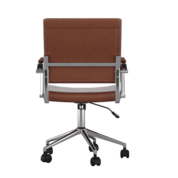 Saddle Brown Faux Leather/Polished Nickel |#| Ribbed Faux Leather Swivel Home Office Chair with Armrests-Brown/Polished Nickel