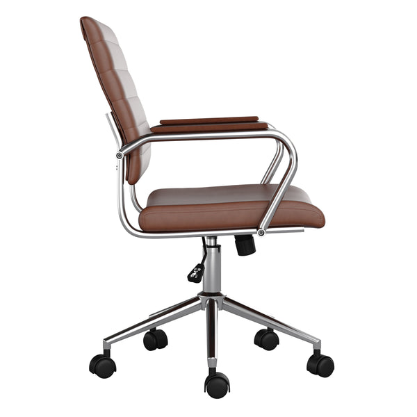 Saddle Brown Faux Leather/Polished Nickel |#| Ribbed Faux Leather Swivel Home Office Chair with Armrests-Brown/Polished Nickel