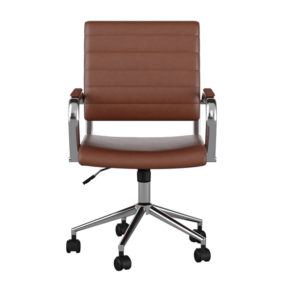 Saddle Brown Faux Leather/Polished Nickel |#| Ribbed Faux Leather Swivel Home Office Chair with Armrests-Brown/Polished Nickel