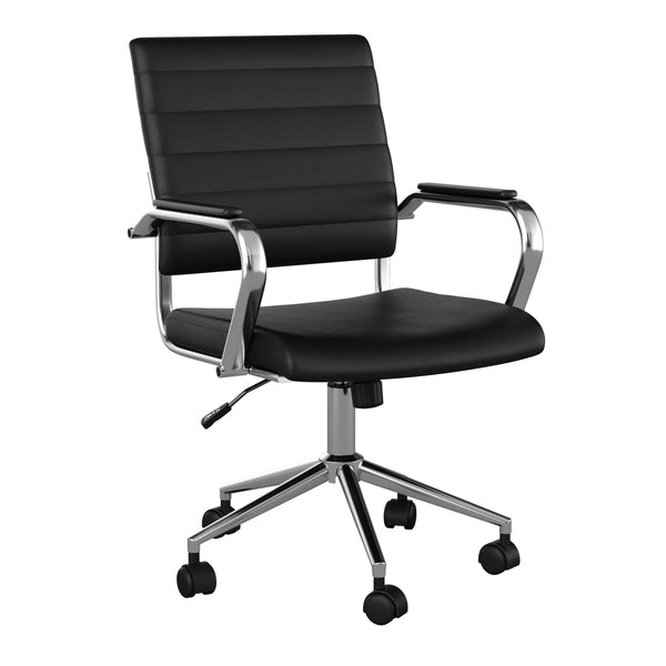 Black Faux Leather/Polished Nickel |#| Ribbed Faux Leather Swivel Home Office Chair with Armrests-Black/Polished Nickel