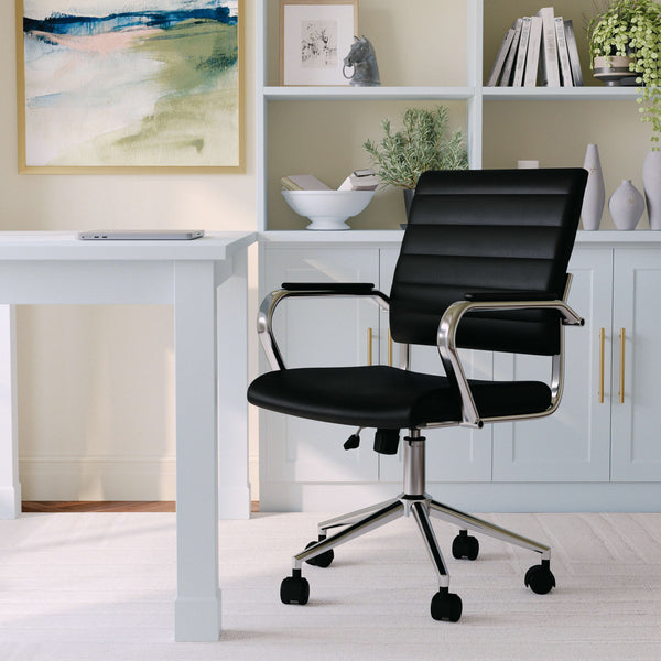 Black Faux Leather/Polished Nickel |#| Ribbed Faux Leather Swivel Home Office Chair with Armrests-Black/Polished Nickel