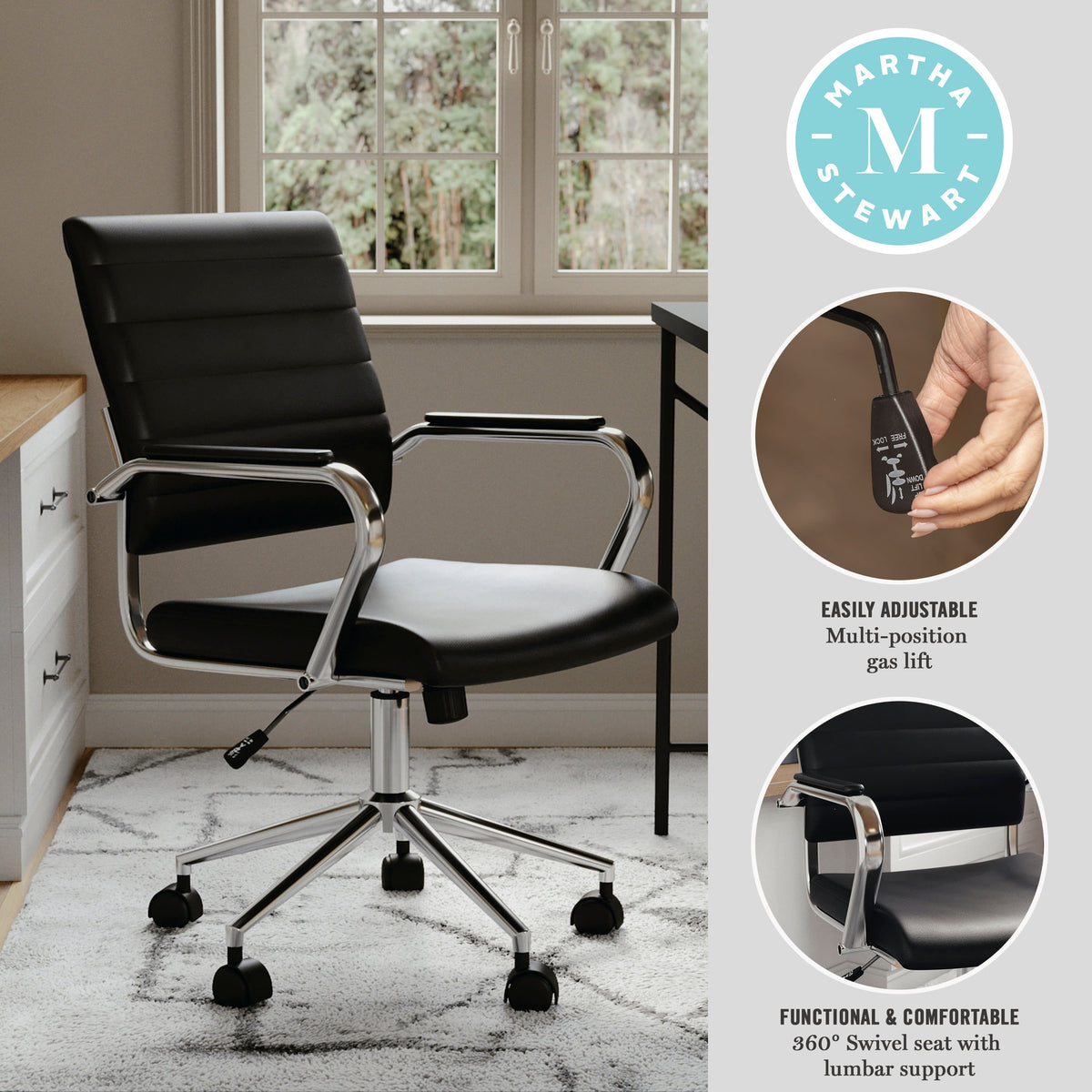 Black Faux Leather/Polished Nickel |#| Ribbed Faux Leather Swivel Home Office Chair with Armrests-Black/Polished Nickel