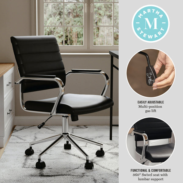 Black Faux Leather/Polished Nickel |#| Ribbed Faux Leather Swivel Home Office Chair with Armrests-Black/Polished Nickel