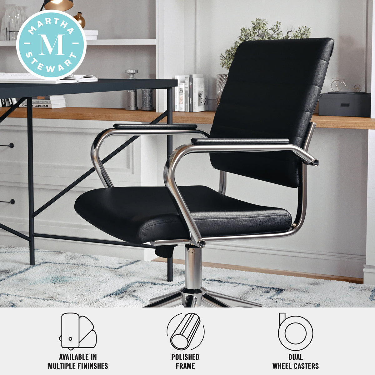 Black Faux Leather/Polished Nickel |#| Ribbed Faux Leather Swivel Home Office Chair with Armrests-Black/Polished Nickel