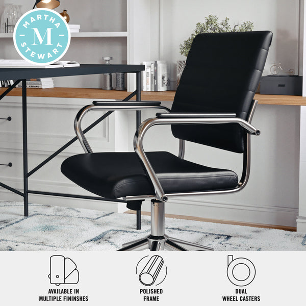 Black Faux Leather/Polished Nickel |#| Ribbed Faux Leather Swivel Home Office Chair with Armrests-Black/Polished Nickel