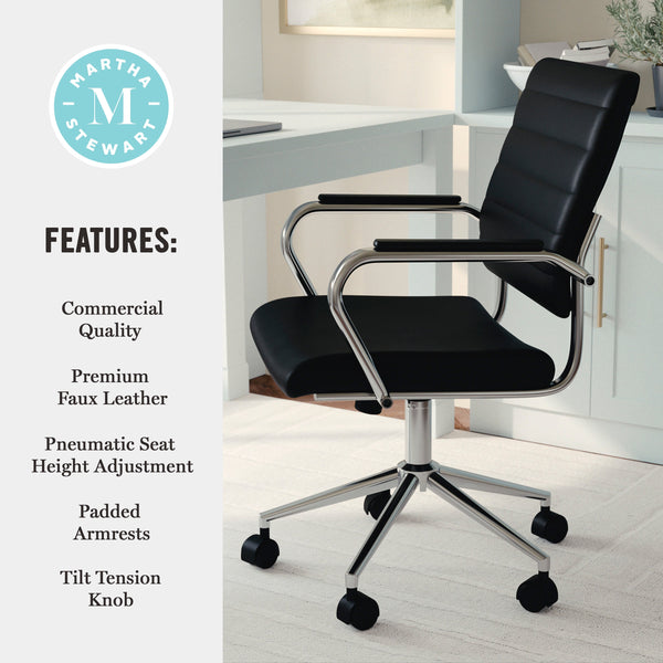 Black Faux Leather/Polished Nickel |#| Ribbed Faux Leather Swivel Home Office Chair with Armrests-Black/Polished Nickel