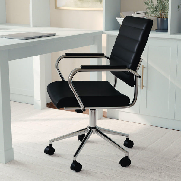 Black Faux Leather/Polished Nickel |#| Ribbed Faux Leather Swivel Home Office Chair with Armrests-Black/Polished Nickel