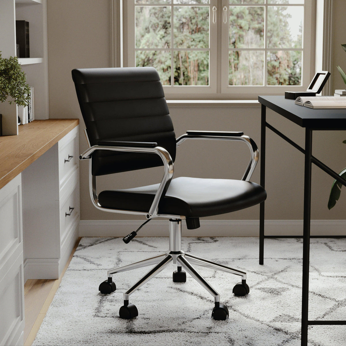 Black Faux Leather/Polished Nickel |#| Ribbed Faux Leather Swivel Home Office Chair with Armrests-Black/Polished Nickel