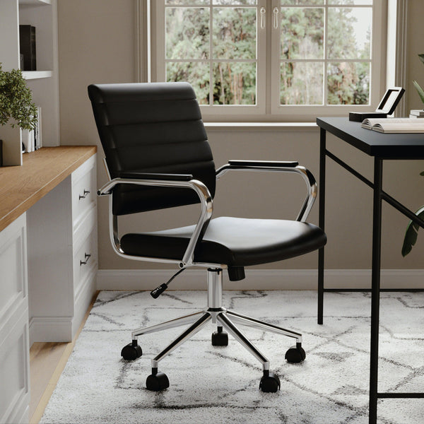 Black Faux Leather/Polished Nickel |#| Ribbed Faux Leather Swivel Home Office Chair with Armrests-Black/Polished Nickel