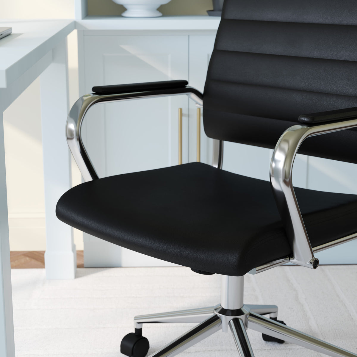 Black Faux Leather/Polished Nickel |#| Ribbed Faux Leather Swivel Home Office Chair with Armrests-Black/Polished Nickel