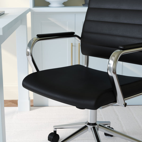 Black Faux Leather/Polished Nickel |#| Ribbed Faux Leather Swivel Home Office Chair with Armrests-Black/Polished Nickel