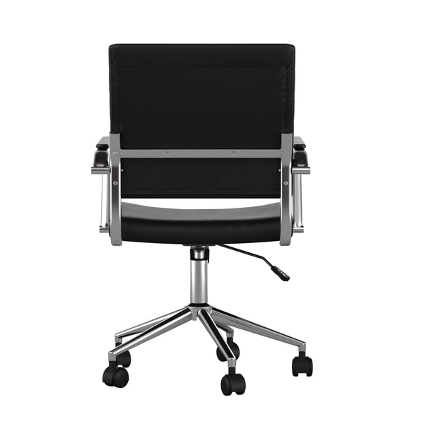 Black Faux Leather/Polished Nickel |#| Ribbed Faux Leather Swivel Home Office Chair with Armrests-Black/Polished Nickel