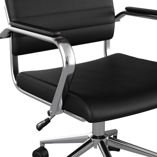 Black Faux Leather/Polished Nickel |#| Ribbed Faux Leather Swivel Home Office Chair with Armrests-Black/Polished Nickel