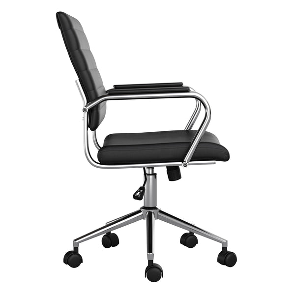 Black Faux Leather/Polished Nickel |#| Ribbed Faux Leather Swivel Home Office Chair with Armrests-Black/Polished Nickel