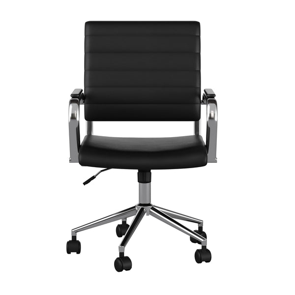 Black Faux Leather/Polished Nickel |#| Ribbed Faux Leather Swivel Home Office Chair with Armrests-Black/Polished Nickel