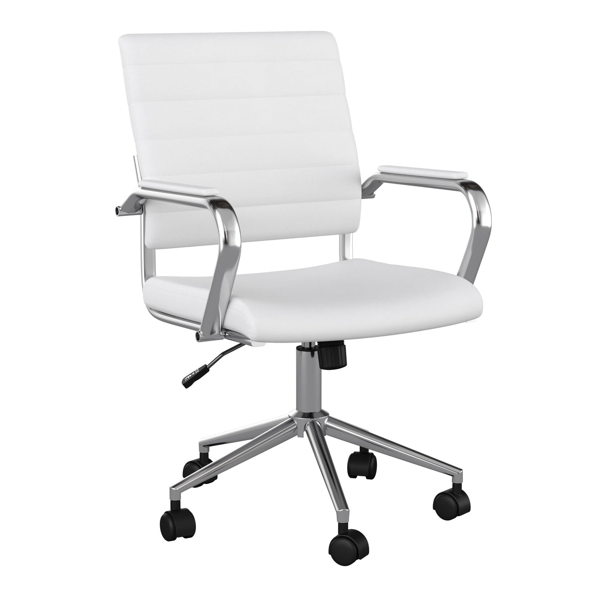 White Faux Leather/Polished Nickel |#| Ribbed Faux Leather Swivel Home Office Chair with Armrests-White/Polished Nickel