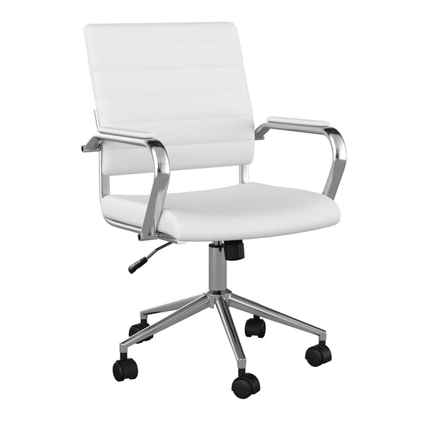 White Faux Leather/Polished Nickel |#| Ribbed Faux Leather Swivel Home Office Chair with Armrests-White/Polished Nickel