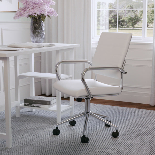 White Faux Leather/Polished Nickel |#| Ribbed Faux Leather Swivel Home Office Chair with Armrests-White/Polished Nickel