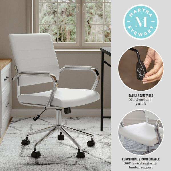 White Faux Leather/Polished Nickel |#| Ribbed Faux Leather Swivel Home Office Chair with Armrests-White/Polished Nickel