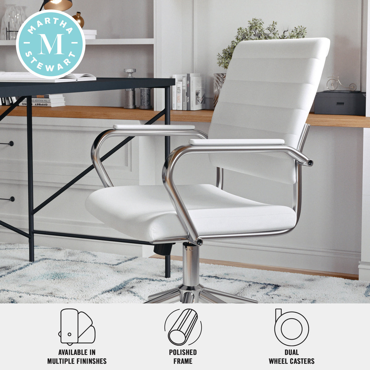 White Faux Leather/Polished Nickel |#| Ribbed Faux Leather Swivel Home Office Chair with Armrests-White/Polished Nickel