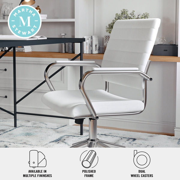 White Faux Leather/Polished Nickel |#| Ribbed Faux Leather Swivel Home Office Chair with Armrests-White/Polished Nickel