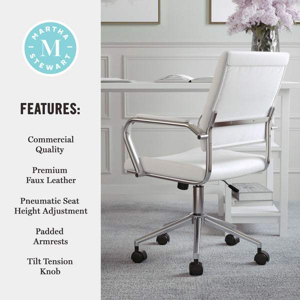 White Faux Leather/Polished Nickel |#| Ribbed Faux Leather Swivel Home Office Chair with Armrests-White/Polished Nickel
