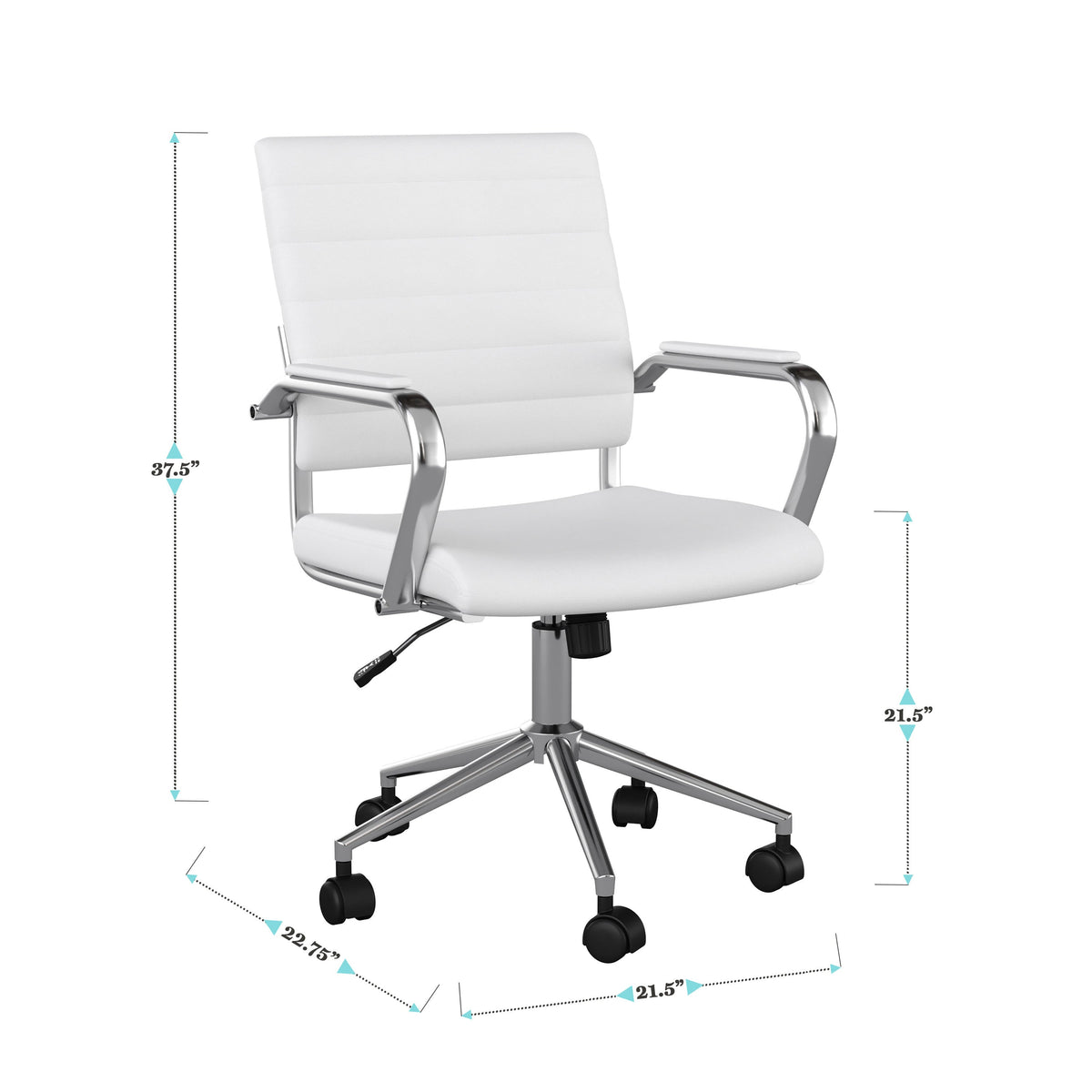 White Faux Leather/Polished Nickel |#| Ribbed Faux Leather Swivel Home Office Chair with Armrests-White/Polished Nickel