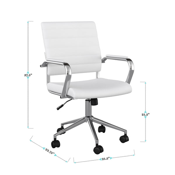 White Faux Leather/Polished Nickel |#| Ribbed Faux Leather Swivel Home Office Chair with Armrests-White/Polished Nickel