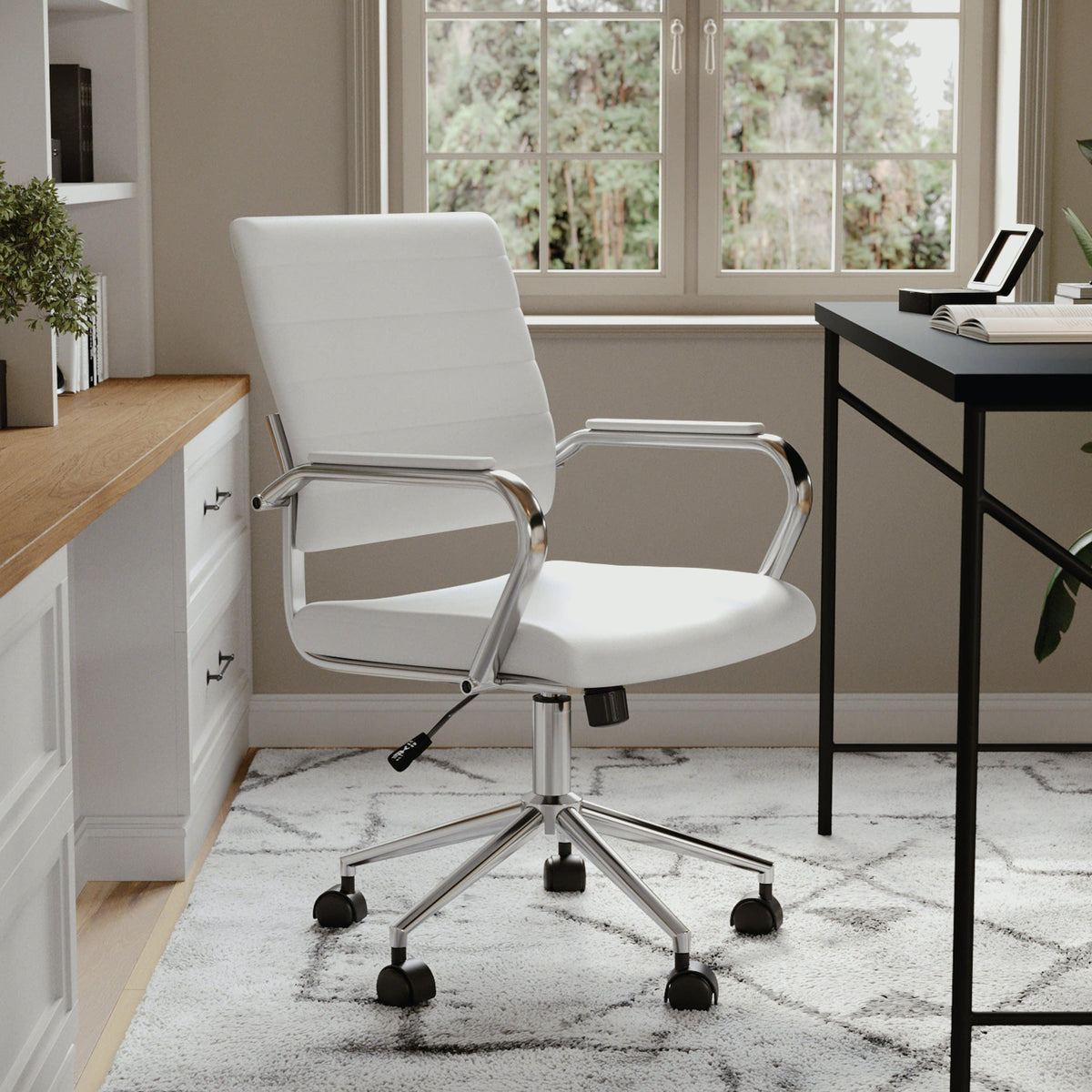 White Faux Leather/Polished Nickel |#| Ribbed Faux Leather Swivel Home Office Chair with Armrests-White/Polished Nickel