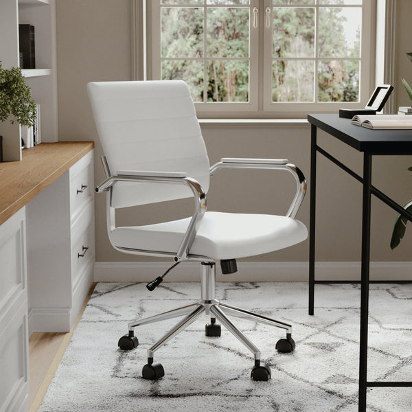 White Faux Leather/Polished Nickel |#| Ribbed Faux Leather Swivel Home Office Chair with Armrests-White/Polished Nickel