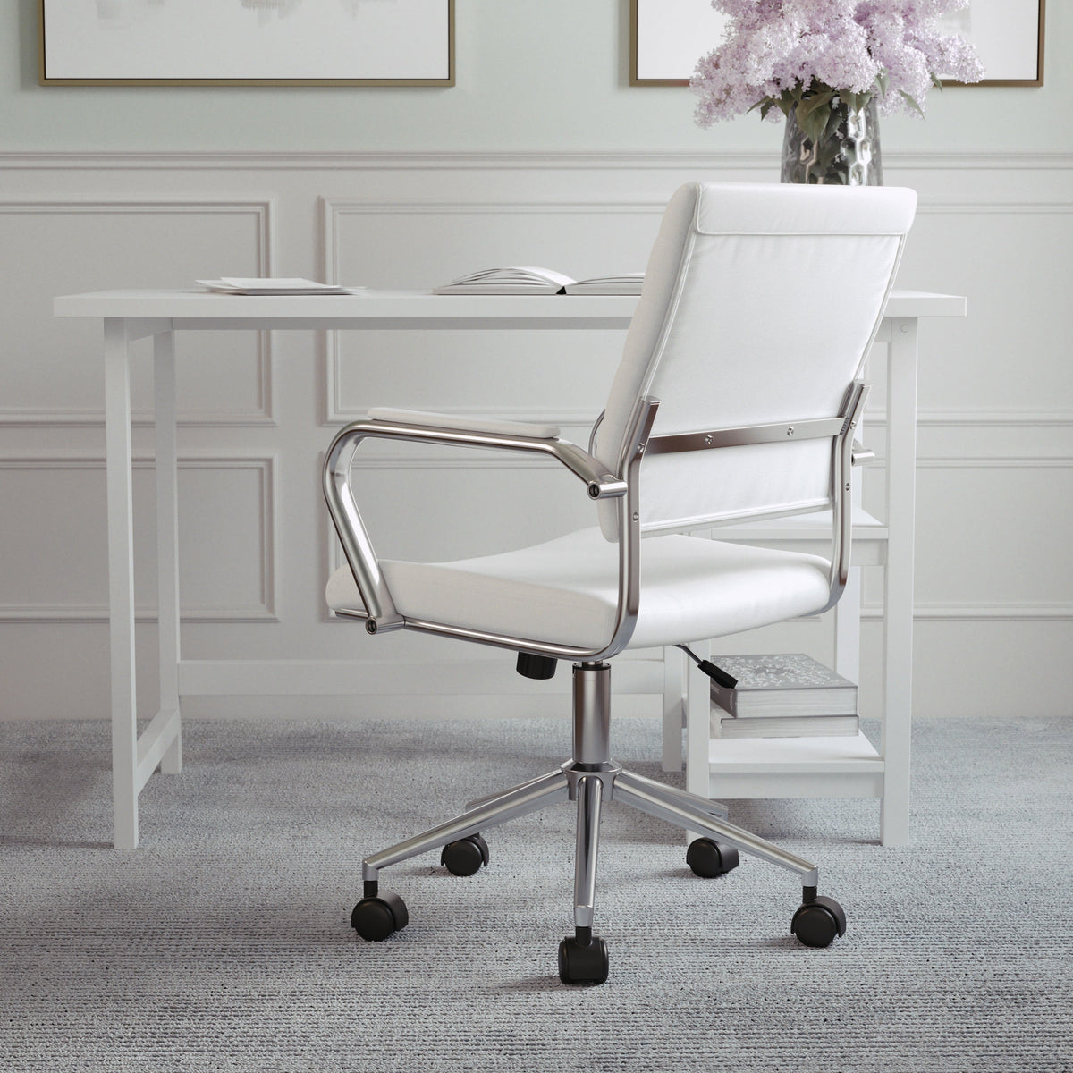 White Faux Leather/Polished Nickel |#| Ribbed Faux Leather Swivel Home Office Chair with Armrests-White/Polished Nickel