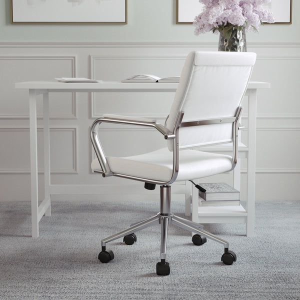 White Faux Leather/Polished Nickel |#| Ribbed Faux Leather Swivel Home Office Chair with Armrests-White/Polished Nickel