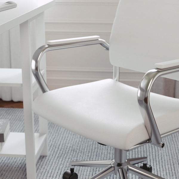 White Faux Leather/Polished Nickel |#| Ribbed Faux Leather Swivel Home Office Chair with Armrests-White/Polished Nickel