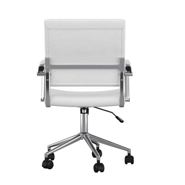 White Faux Leather/Polished Nickel |#| Ribbed Faux Leather Swivel Home Office Chair with Armrests-White/Polished Nickel