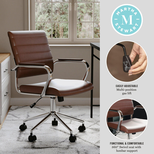 Saddle Brown Faux Leather/Polished Nickel |#| Ribbed Faux Leather Swivel Home Office Chair with Armrests-Brown/Polished Nickel