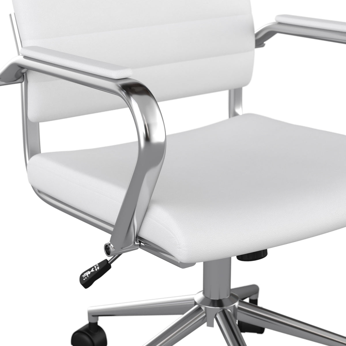 White Faux Leather/Polished Nickel |#| Ribbed Faux Leather Swivel Home Office Chair with Armrests-White/Polished Nickel